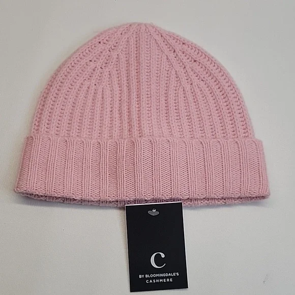 NWT C by Bloomingdale's Cashmere Ribbed Beanie Powder Pink One Size - Picture 1 of 12